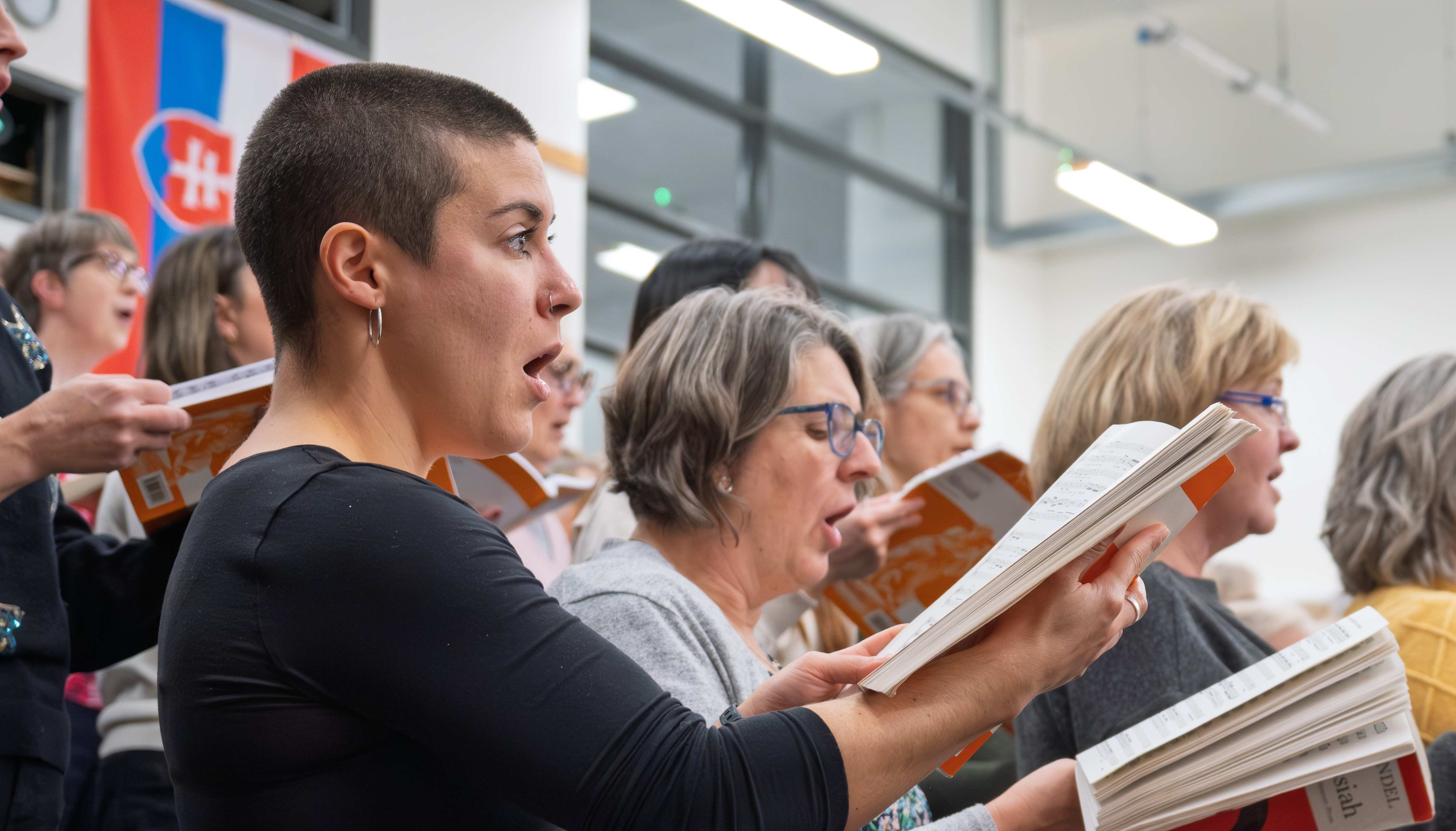 Close up of Rosanna, one of our choir members, at a regular Monday night rehearsal.