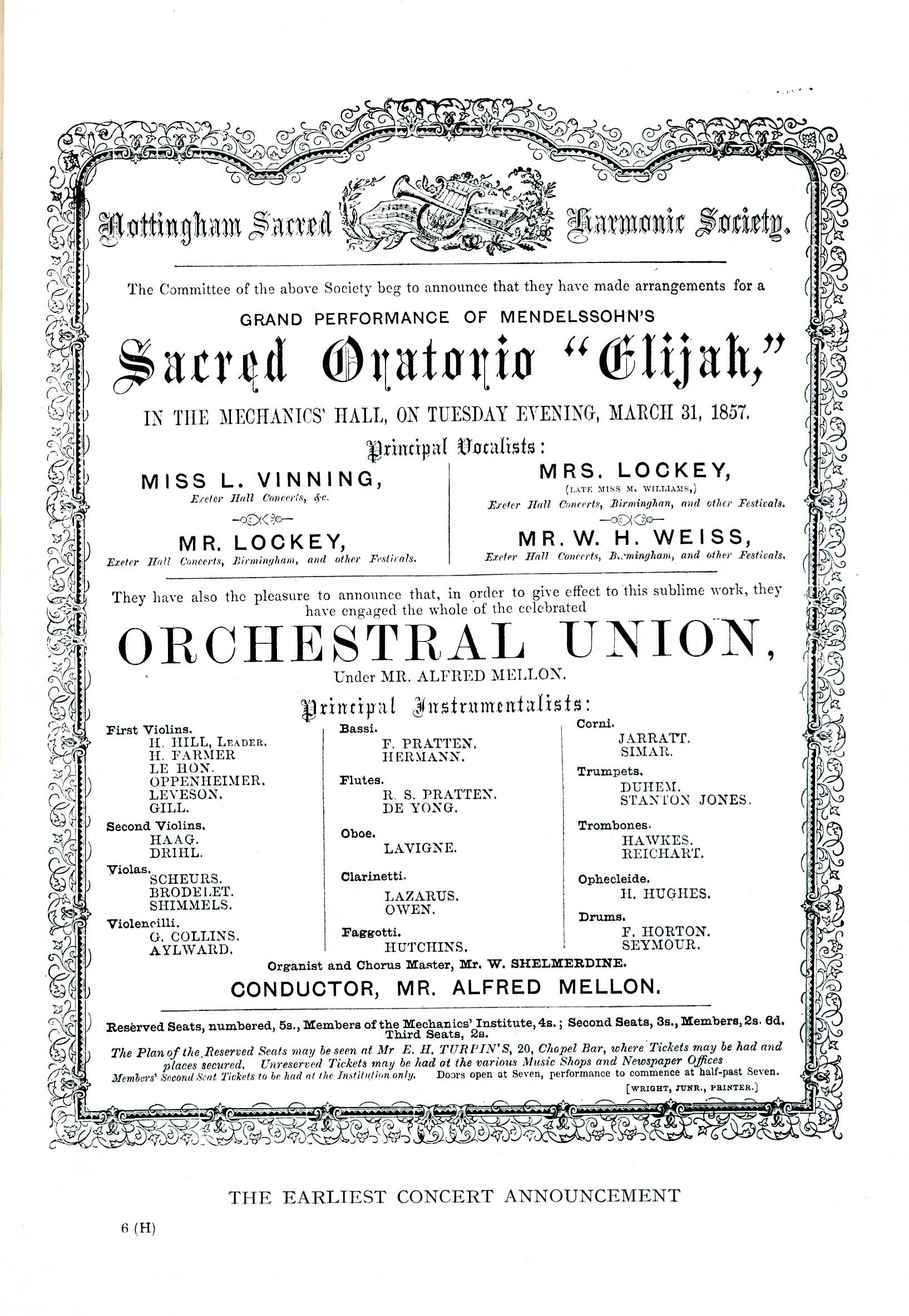 A black and white image of the earliest concert announcement by the Nottingham Sacred Harmonic Society, dated 31 March 1857, giving details of the concert programme, Mendelssohn's Elijah, and the principal vocal and instrumental soloists.