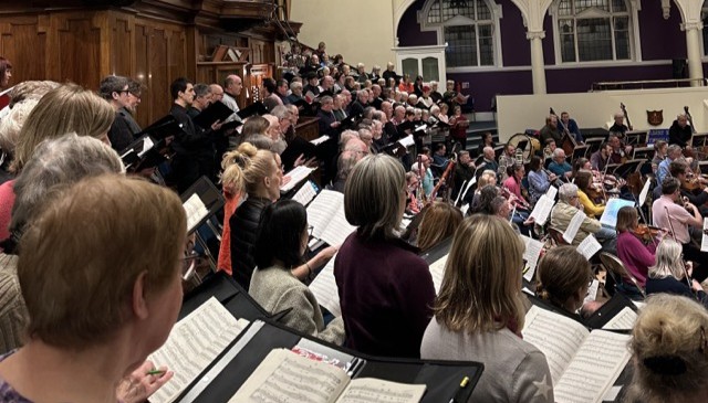 View of dress rehearsal in the Albert Hall, Nottingham taken from behind the choir.